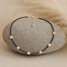 Blue Goldstone Necklace, Petal Freshwater Pearl Jewellery, Sterling Silver Clasp, Handmade Dark Blue Beaded Necklace product image