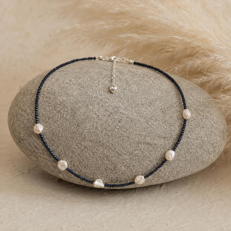 Blue Goldstone Necklace, Petal Freshwater Pearl Jewellery, Sterling Silver Clasp, Handmade Dark Blue Beaded Necklace product image