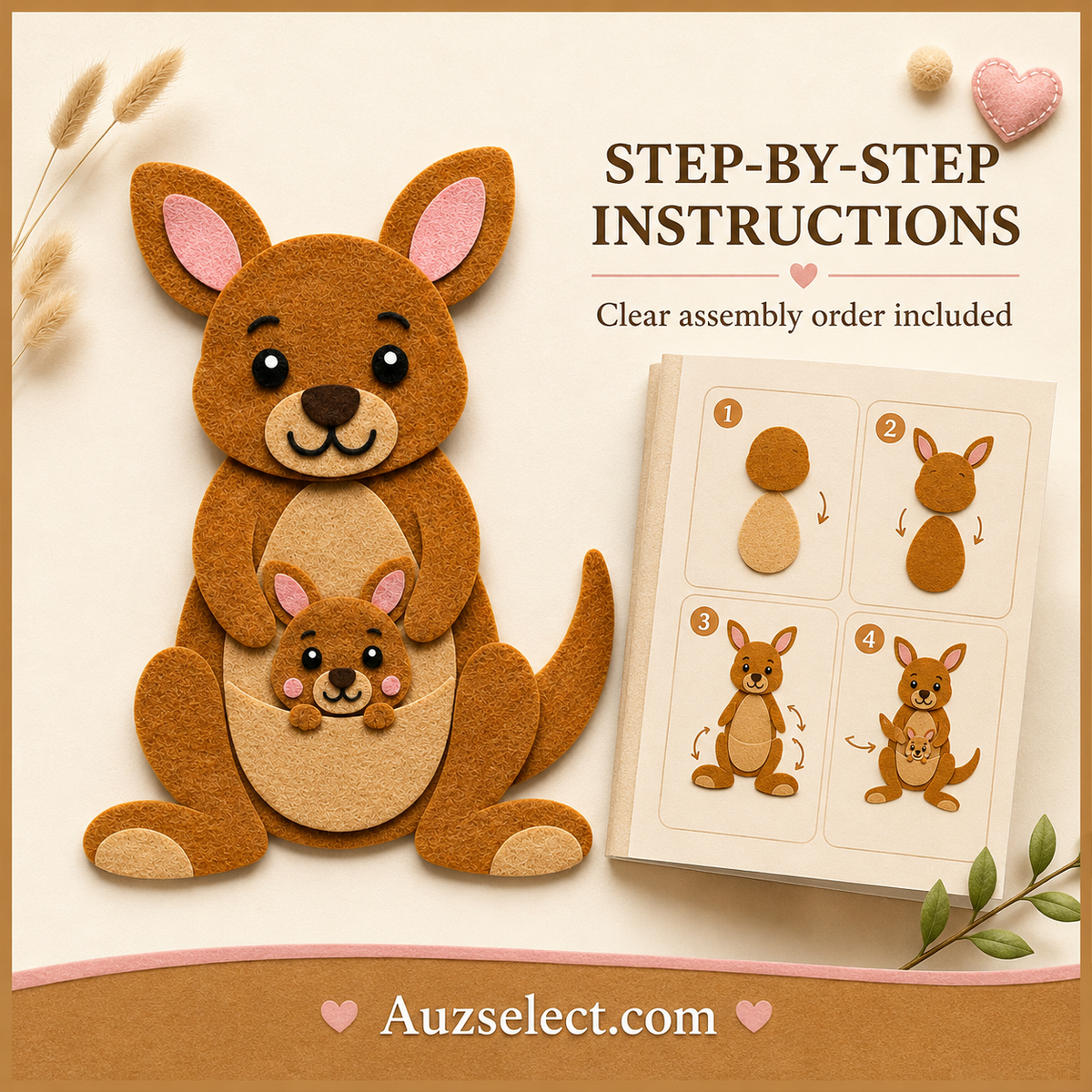 A4 and US Letter kangaroo felt template PDFs with colour and assembly guides
