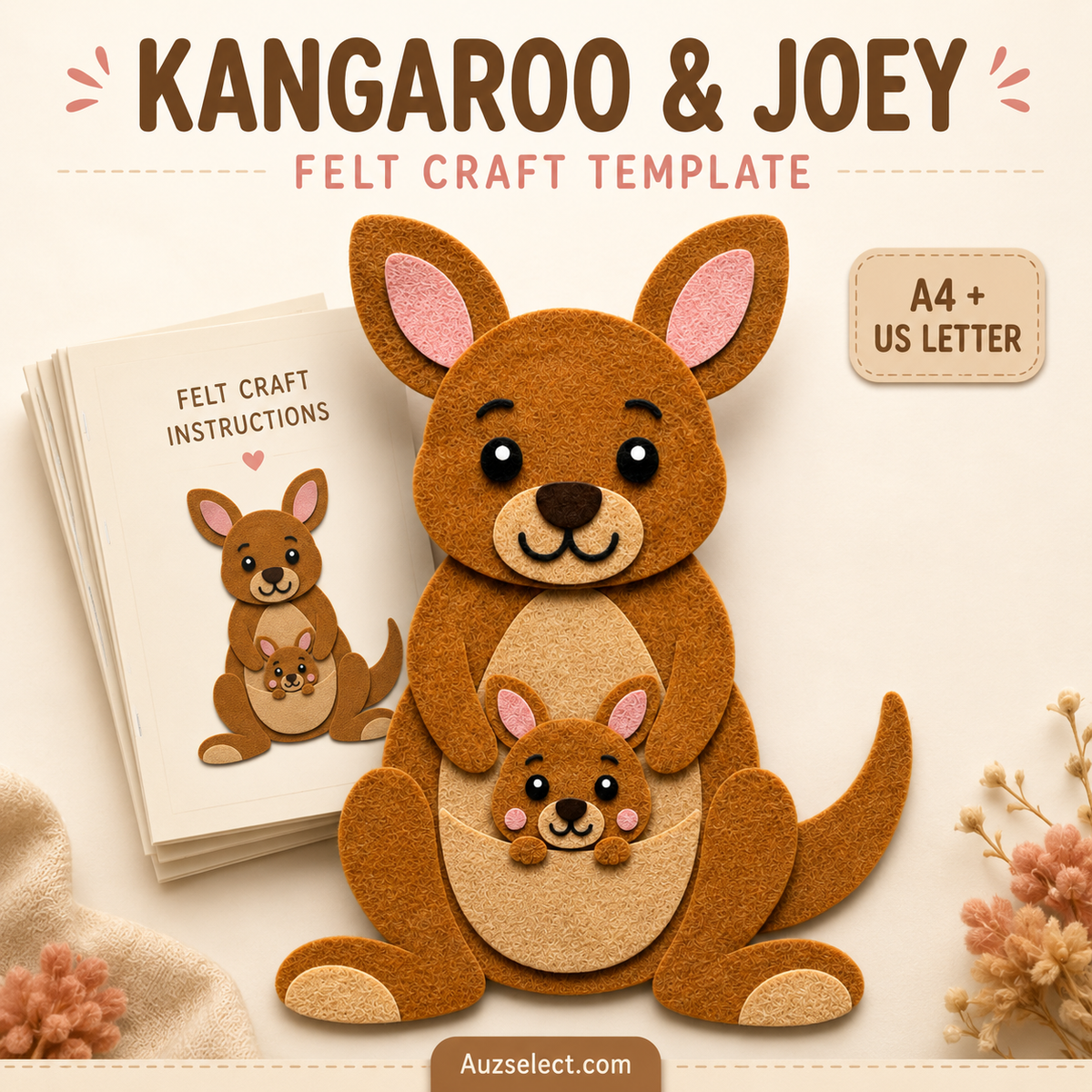 Kangaroo and joey layered felt craft template finished design