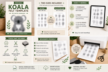 Koala felt pattern printable in A4 and US Letter sizes with beginner-friendly instructions and basic craft tools including scissors, felt and glue.