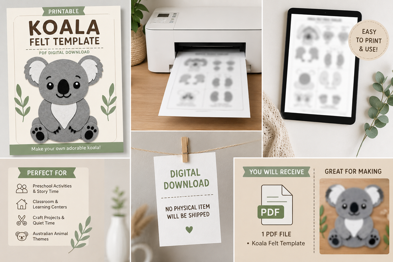 Printable koala felt template PDF digital download for making a cute koala felt craft, ideal for preschool activities, classrooms and story time.