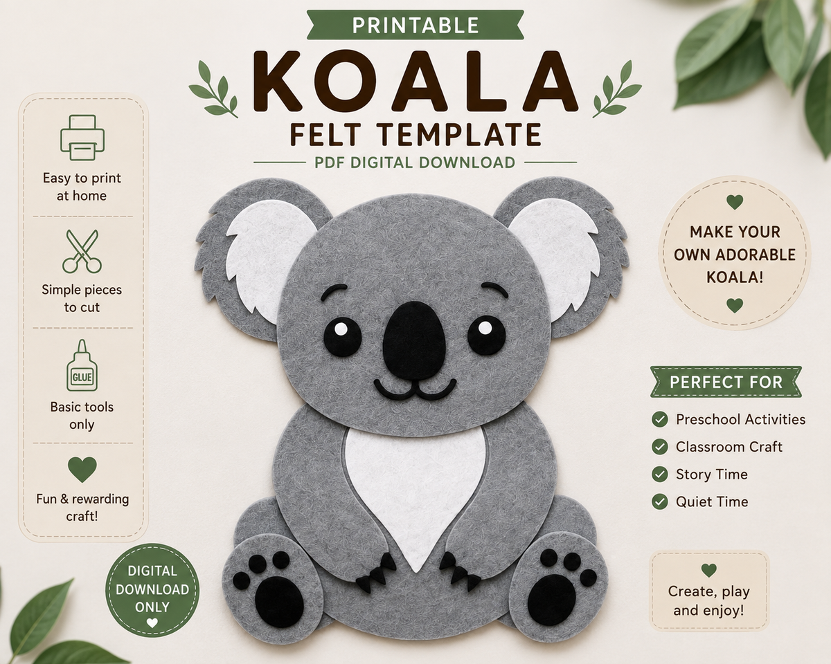 Printable koala felt template PDF featuring a cute koala craft for beginner-friendly preschool, classroom, story time and quiet-time activities.
