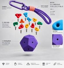 Exploded product view of mini climbing keychain with 11 colourful holds and purple climbing block.