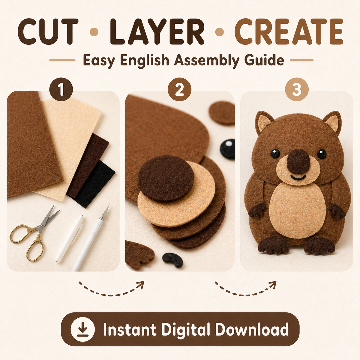 Quokka felt template cut, layer and create assembly steps with English guide