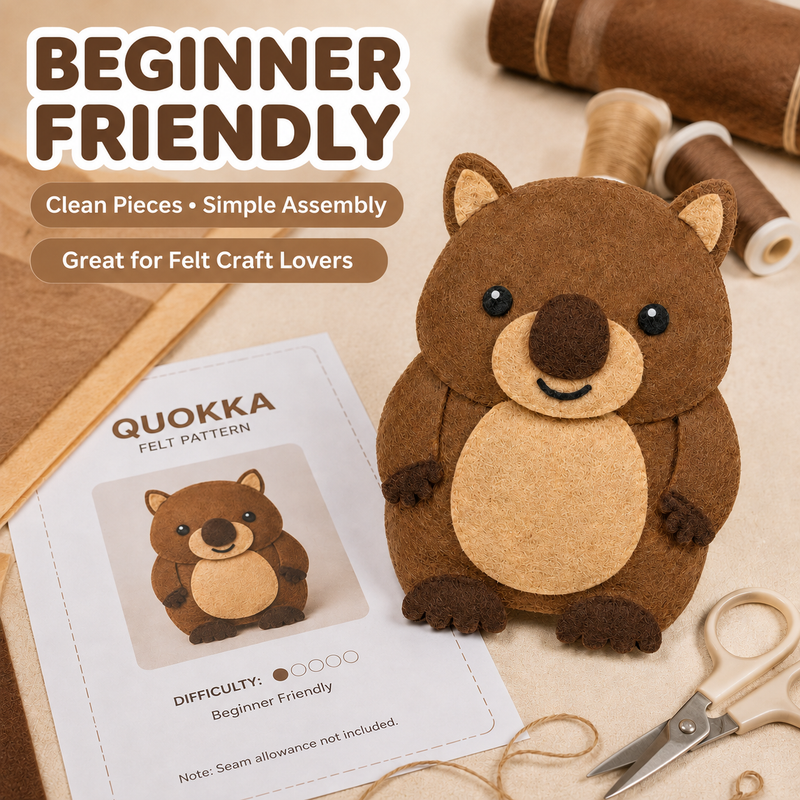 Beginner-friendly quokka felt craft template with clean pieces and simple assembly