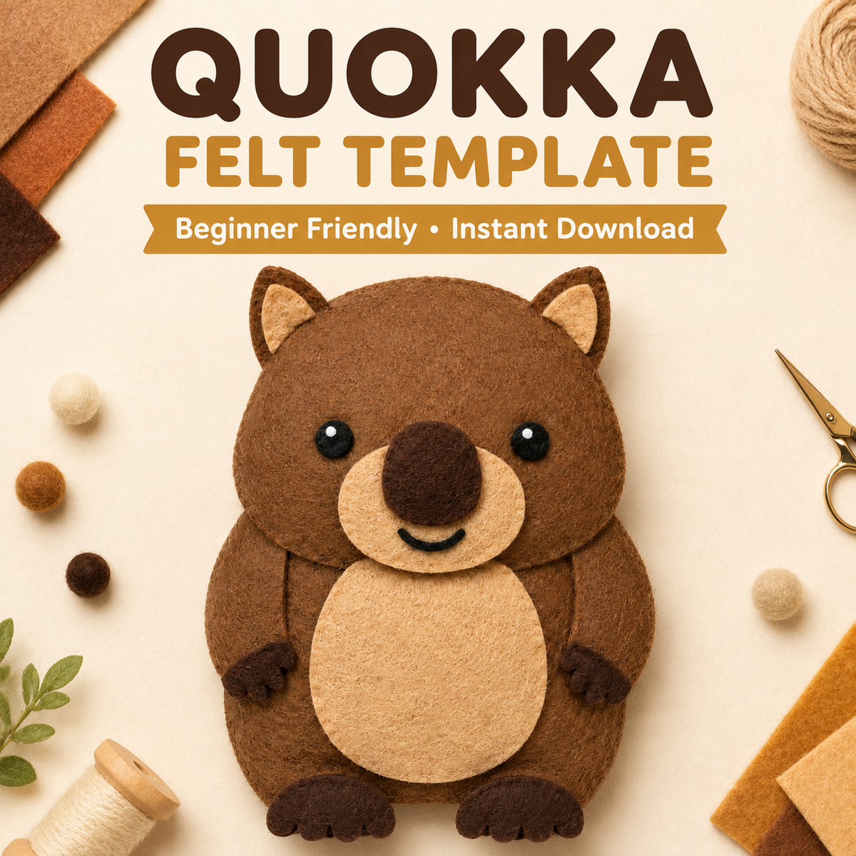 Brown and cream quokka felt template, beginner-friendly instant digital download