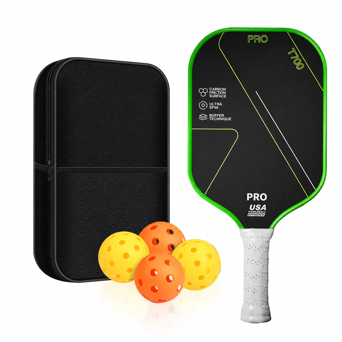 T700 Carbon Fiber Pickleball Paddle 16mm Green Edge White Grip